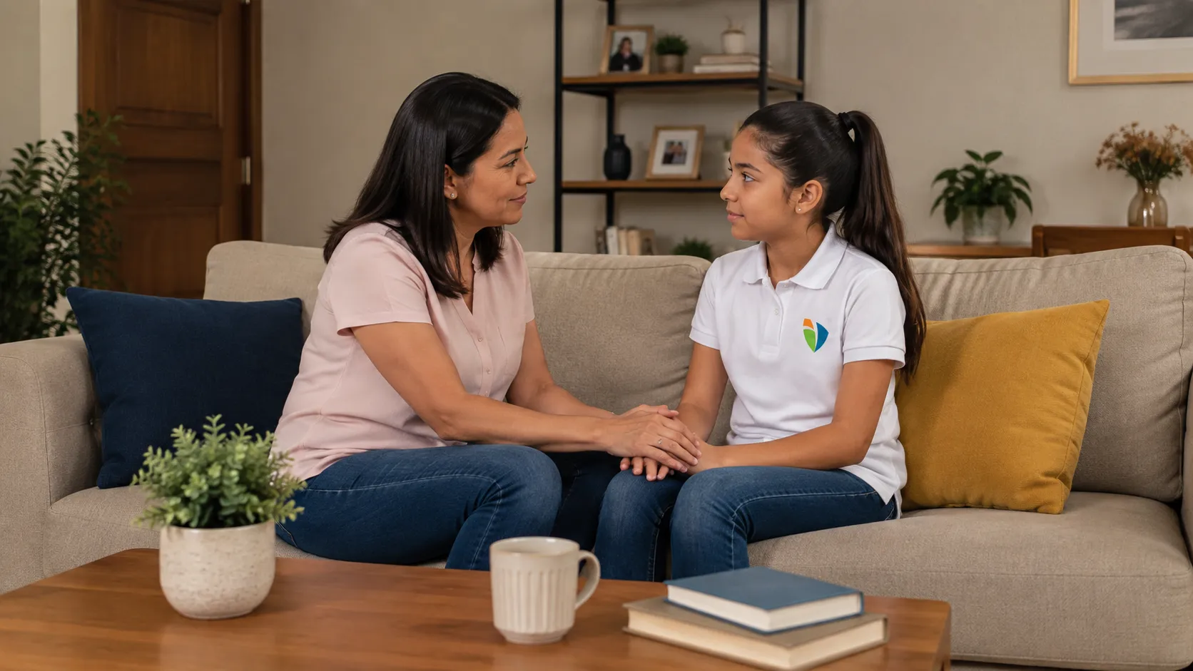 Madre escuchando atentamente a su hija y brindándole educación emocional.