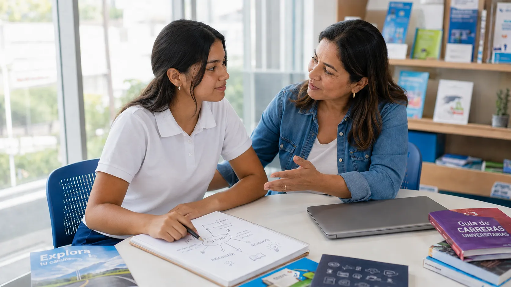 Madre apoyando a su hija con la elección de posibles carreras universitarias
