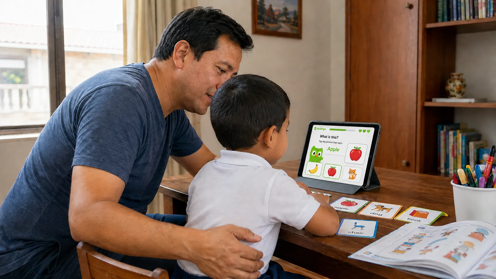 Padre enseñando a su hijo un curso de inglés virtual a través de una pantalla móvil