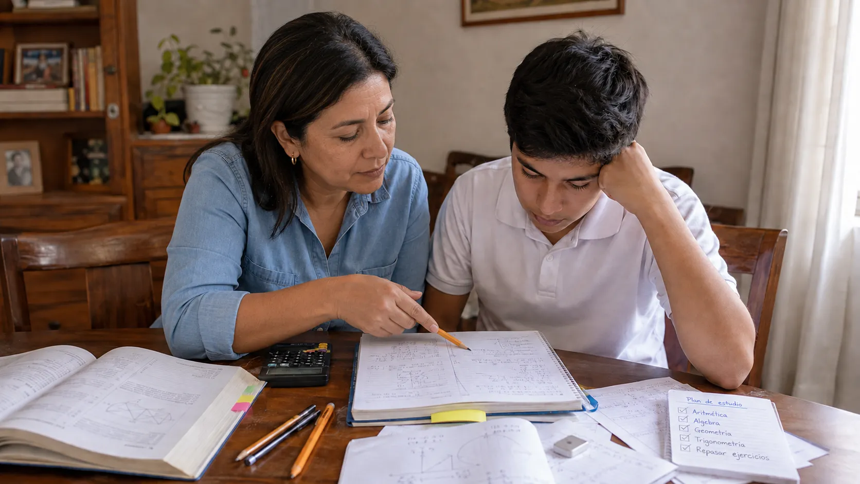 Madre ayudando a su hijo a estudiar para sus exámenes