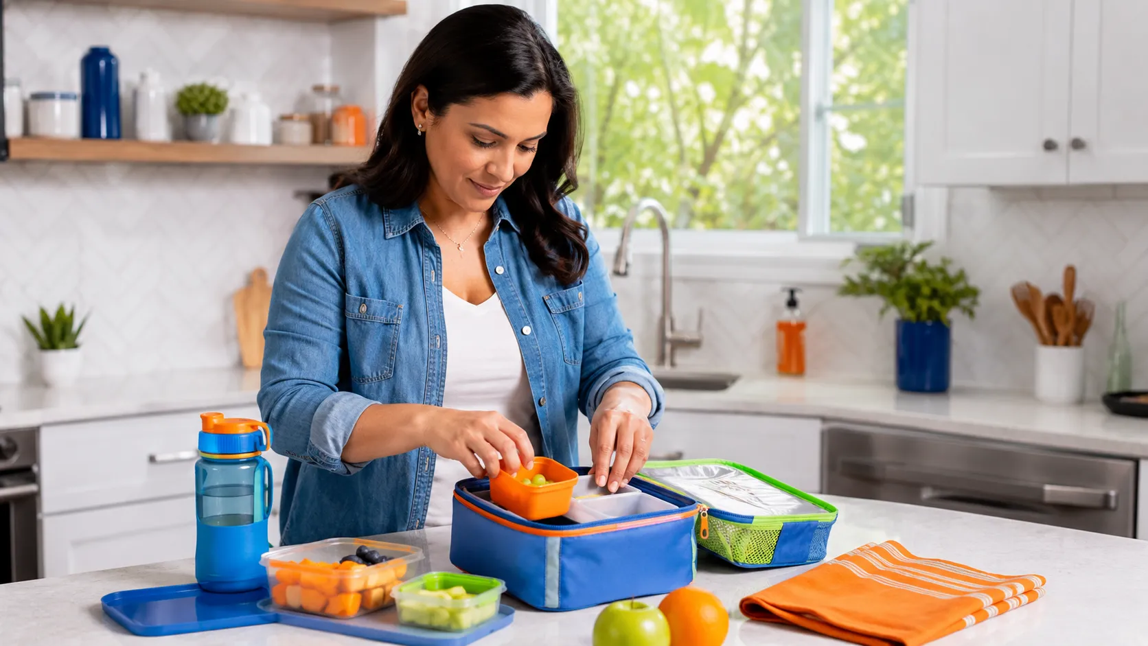 Una madre preparando en la cocina una deliciosa y nutritiva lonchera para sus hijos.