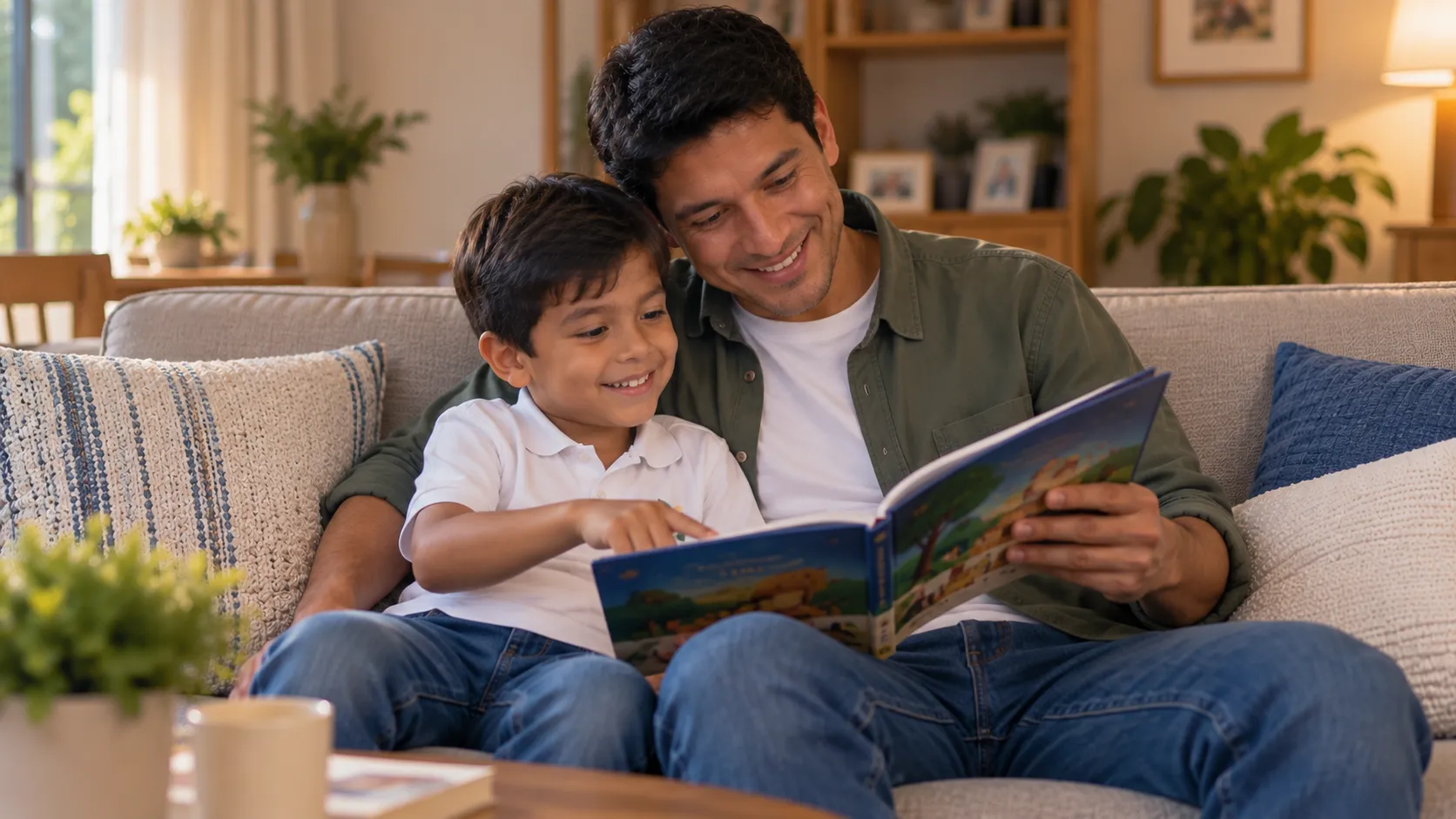 Padre de innova schools leyendo con su hijo un libro